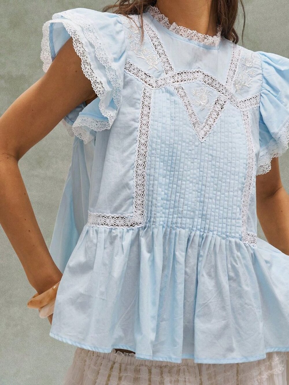 Blue Cottagecore Boho Women's Embroidered Ruffled Patchwork Blouse - Picture 6 of 8